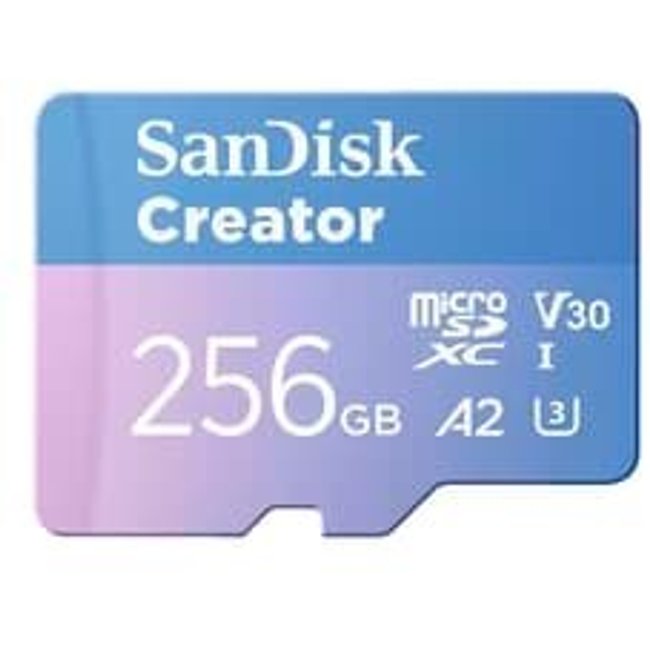 Cartão de Memória SanDisk Creator Series MicroSD 256GB, Classe 10, Leitura 190 MB/s e Gravação 130 MB/s - SDSQXAV-256G-GN6MS