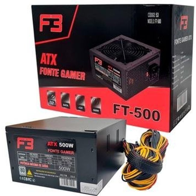 Fonte F3 FT-500, 500W, 80 Plus White, Com Cabo, Preto - FT-500