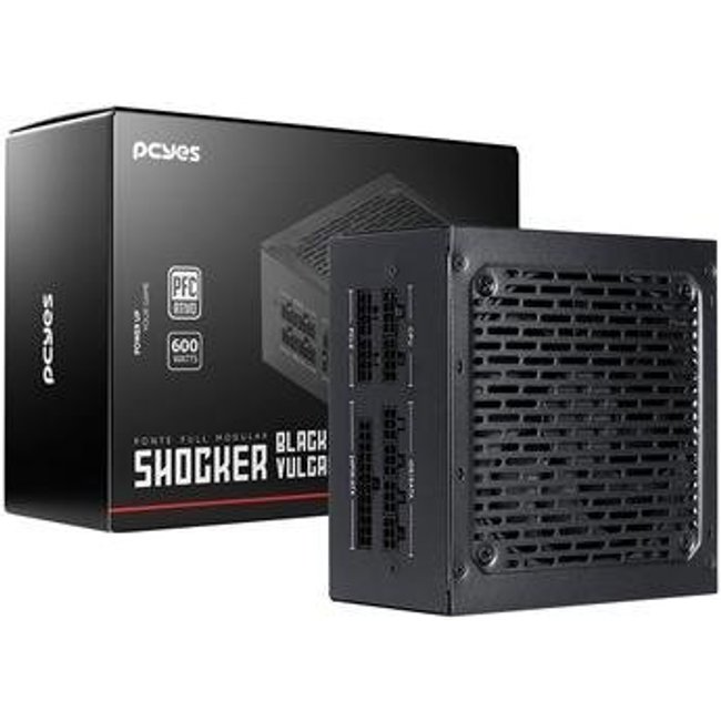 Fonte PCYes Shocker, 600W, 80 Plus White, Modular, PFC Ativo, Sem Cabo, Preto Vulcan - FM600WBV