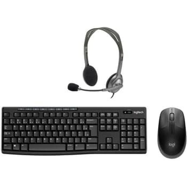 Kit Escritório Logitech - Mouse sem fio M190 Cinza + Teclado sem fio K70 + Headset com fio H111