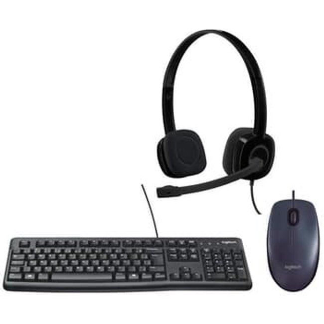 Kit Básico Logitech - Mouse Logitech M90 + Teclado K120 Resistente a Respingos + Headset H151 com Microfone Redutor de Ruído