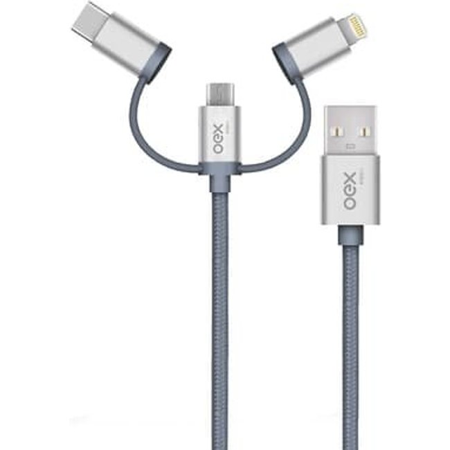 Cabo Trio OEX CE301, USB Com Conectores Micro USB, Type-C E Lightning em Nylon Trançado, 1 Metro, Cinza - 487379