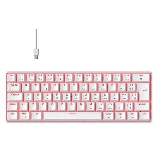 Teclado Mecânico Gamer Hyrax Thunder HCK61, LED Vermelho, Switch Red, 100% anti-ghosting, ABNT2, Branco - HCK61W-RED-LED