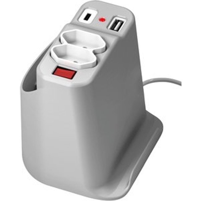 Extensão Elétrica de Mesa OCTOO, com 2 Tomadas, USB e USB-C, Apoio para Celular e Porta Objetos, Prata - 10071