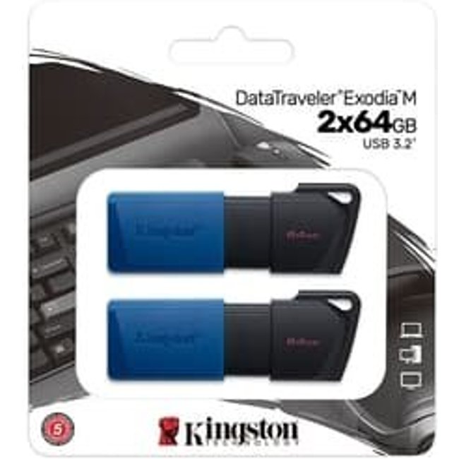 Kit Com 2 Pen Drives 64GB Kingston DataTraveler Exodia M, USB 3.2, Preto e Azul - DTXM/64GB-2P