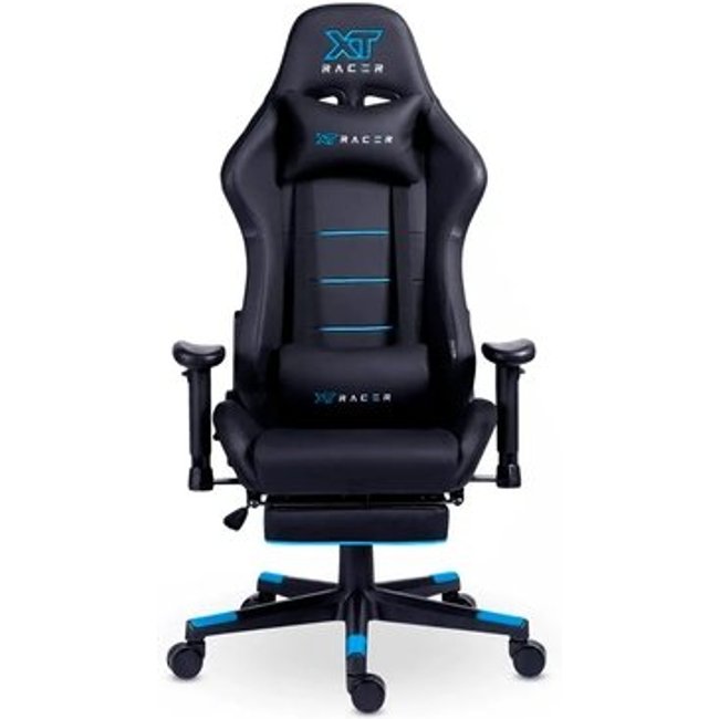 Cadeira Gamer XT Racer Attack, Até 120Kg, Reclinável, Apoio de Pés Retrátil, Cilindro de Gás Classe 4, Couro PU, Preta e Azul - XTR-058