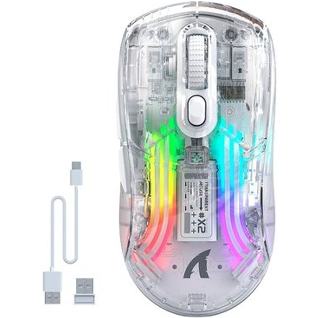 Mouse Gamer sem Fio Attack Shark X2 Transparente, Tri-Mode, RGB, 2400 DPI, Sensor PixArt 3212- Branco