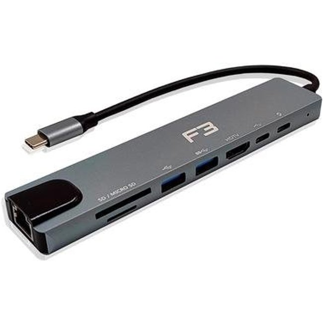 Hub F3 Adaptador Type-c 8 em 1, para HDMI, Type-c, USB 3.0, USB 2.0, Micro SD SDe LAN - JC-TYC-860
