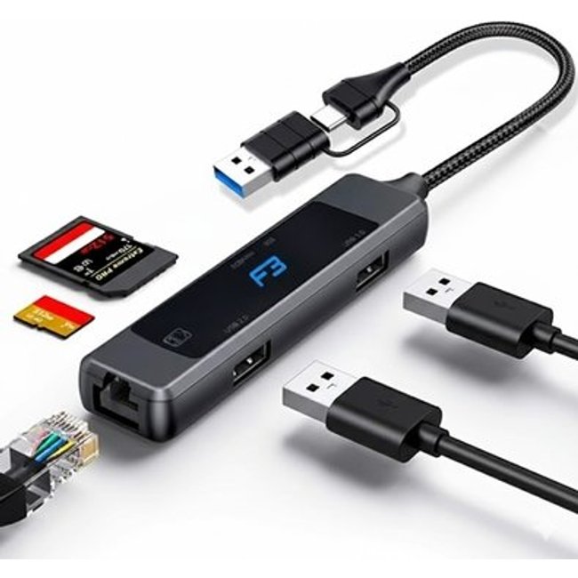 HUB F3 USB-C/A 3.0, para 1x USB 3.0, 1x USB 2.0, Ethernet, Cartão SD e MicroSD - JC-TYC-R04