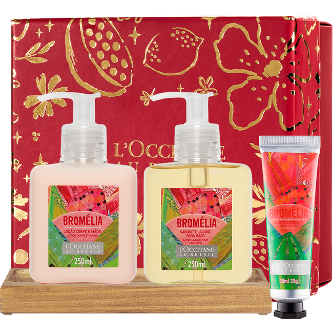 Presente Lavabo Bromélia: Loção, Sabonete, Creme de Mãos e Suporte - PresenteIA