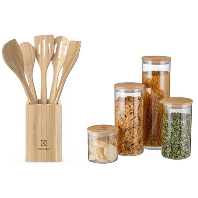 Kit Utensílios de Bambu 6 Peças + Potes Herméticos Porta-Mantimentos com Tampa de Bambu Electrolux