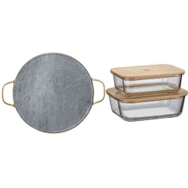 Kit Pedra para Pizza de Pedra Sabão com Alças de Cobre + Potes Herméticos Refratários com Tampa de Bambu Electrolux