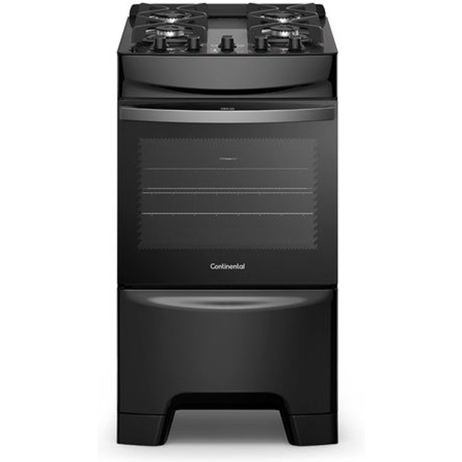 Fogão 4 Bocas Continental Preto Mesa de Vidro, Forno Eco Turbo e Grades Ferro Fundido (FC4GB) - Bivolt
