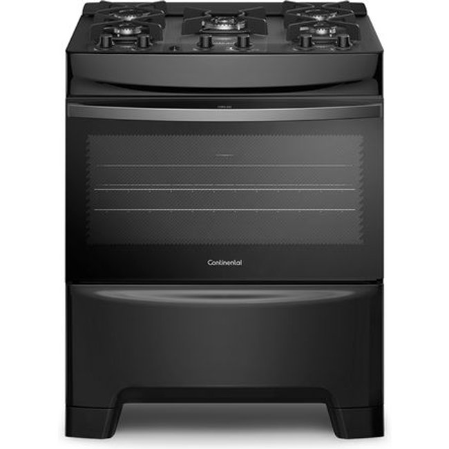 Fogão 5 Bocas Continental Preto Mesa de Vidro, Forno Eco Turbo e Tripla Chama (FC5GB) - Bivolt