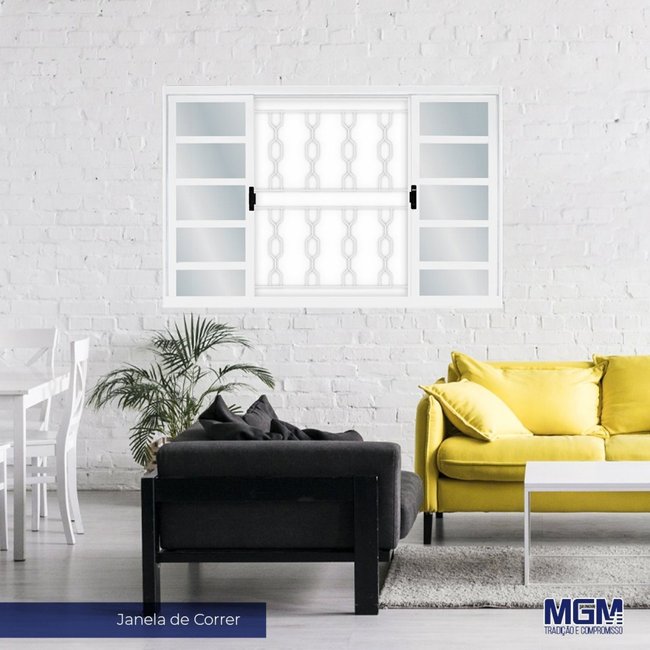 Janela de Aço de Correr 120x120cm 4 Folhas sem Vidro com Grade Elo Minas Sul MGM