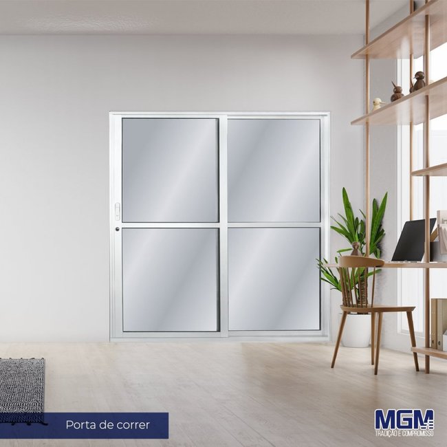 Porta de Alumínio de Correr 210x160cm 2 Folhas 1 Fixa com Vidro Liso Temperado MGM