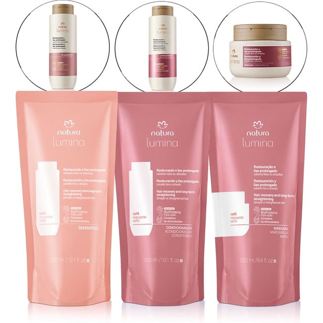 Kit Refil Shampoo, Condicionador e Máscara Lumina para Restauração e Liso Prolongado