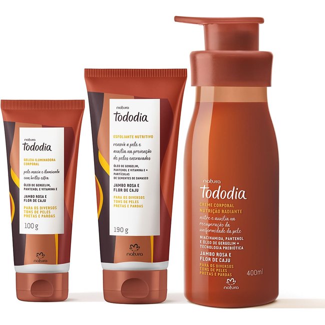 Kit Tododia Jambo Rosa e Flor de Caju com Esfoliante, Hidratante e Iluminador Corporal (3 produtos)