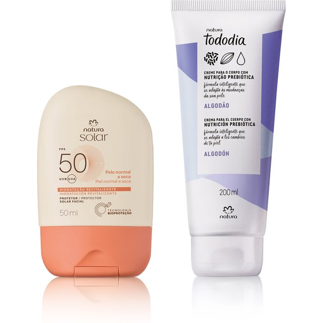 Kit Creme Nutritivo Tododia Algodão e Protetor Solar Facial Pele Normal a Seca FPS 50 Natura Solar