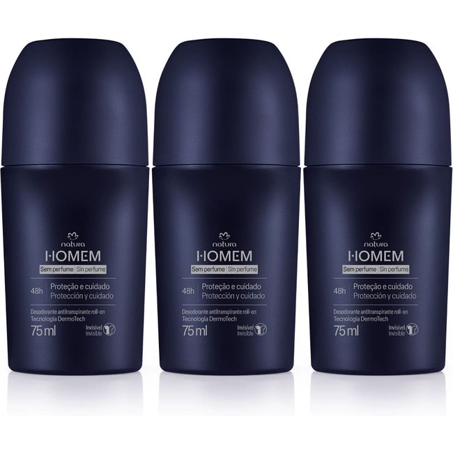Kit Desodorante Antitranspirante Roll-On Natura Homem Sem Perfume (3 unidades)