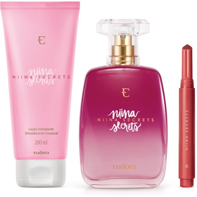 Combo Niina Secrets: Desodorante Colônia + Loção Corporal + Batom Gloss Stick Vermelho Tulipa