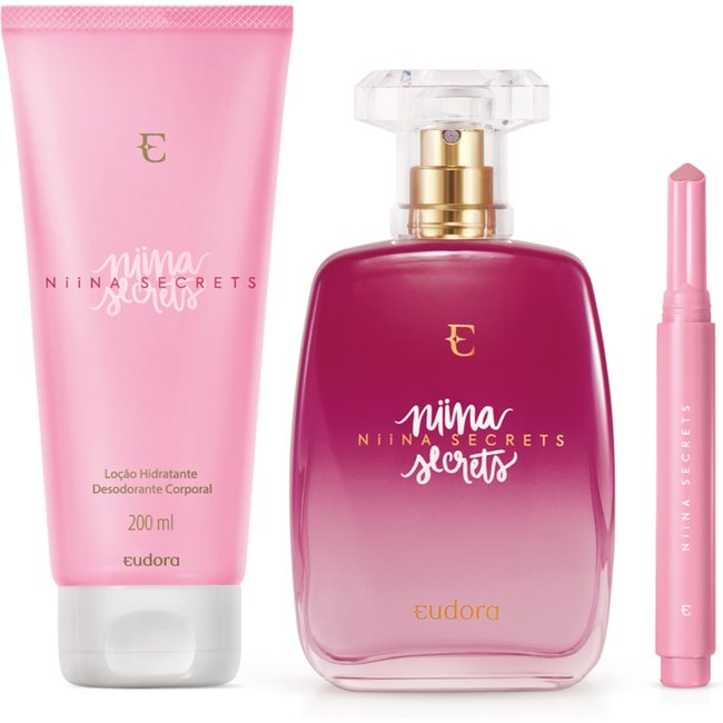 Combo Niina Secrets: Desodorante Colônia + Loção Corporal + Batom Gloss Stick Pink Azaleia