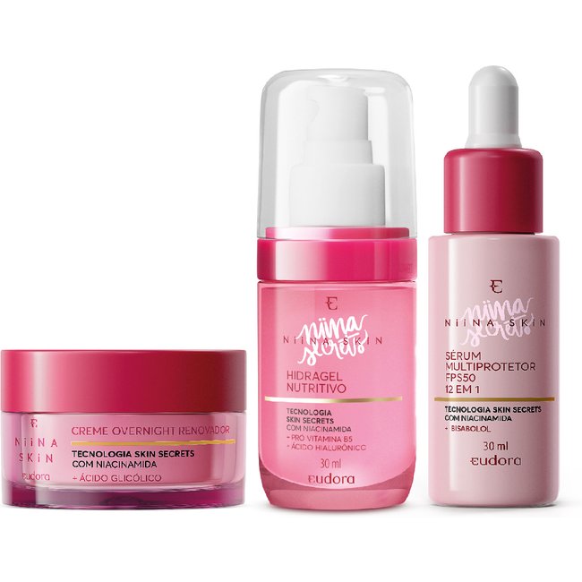 Combo Niina Skin: Hidragel Nutritivo 30ml + Sérum Facial 30ml + Creme Overnight 45g