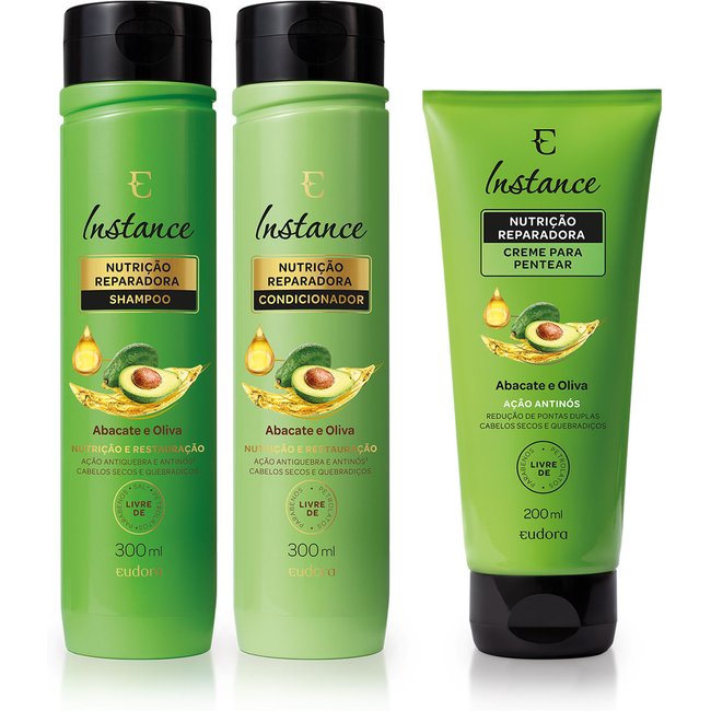 Combo Cabelos Nutridos Instance Abacate e Oliva: Shampoo 300ml + Condicionar 300ml + Creme para Pentear 200ml