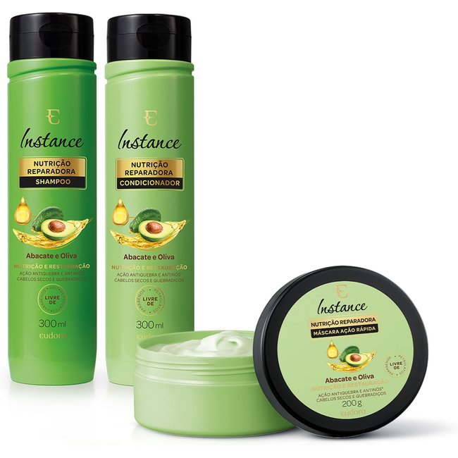 Combo Cabelos Nutridos Instance Abacate e Oliva: Shampoo 300ml + Condicionador 300ml + Máscara Capilar 200g