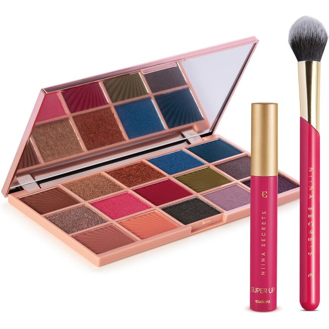 Combo Niina Secrets: Palette de Sombras Crystal + Pincel Multifuncional + Máscara para Cílios Super Up