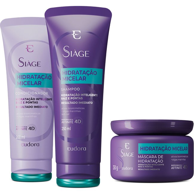 Combo Eudora Siàge Hidratação Micelar: Shampoo 250ml + Condicionador 200ml + Máscara Capilar 250g