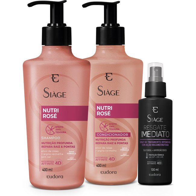 Combo Siáge: Shampoo Nutri Rosé 400ml + Condicionador Nutri Rosé 400ml + Leave-in Resgate Imediato 100ml