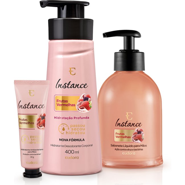 Combo Instance Frutas Vermelhas: Creme Hidratante Para As Mãos 30g + Sabonete Líquido Para As Mãos 250ml + Hidratante Desodorante Corporal 400ml