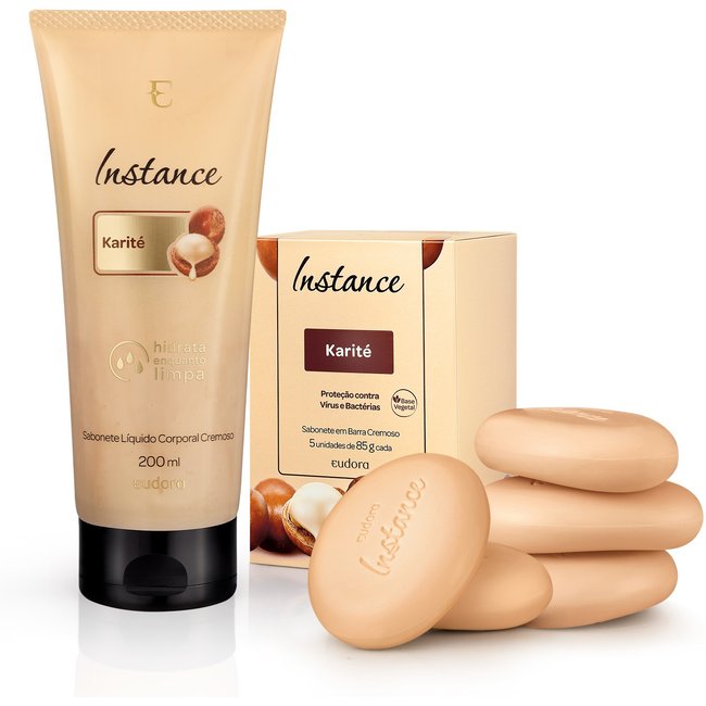Combo Instance Karité: Sabonete em Barra 5 Unidades 85g cada + Sabonete Líquido 200ml