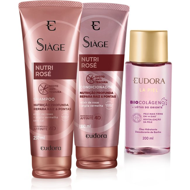 Combo Shampoo Nutri Rosé 250ml + Condicionador Nutri Rosé 200ml + Óleo Hidratante Lótus do Oriente 200ml
