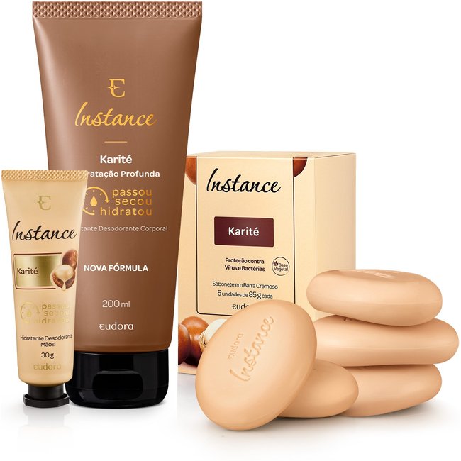 Combo Instance Karité: Sabonete em Barra 85g + Hidratante Corporal 200ml + Hidratante Mãos 30g