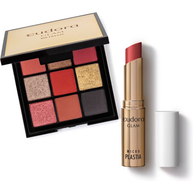 Combo Glam: Palette Metallic + Batom Vermelho Ruby Microplastia 3,3g