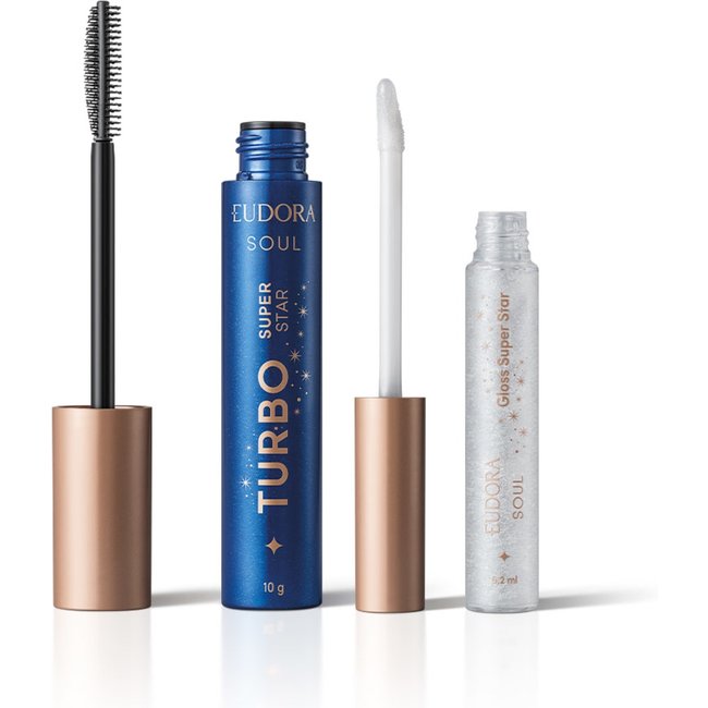 Combo Eudora SOUL Super Star: Máscara de Cílios Preta Turbo 10g + Gloss Líquido Transparente 5,2ml