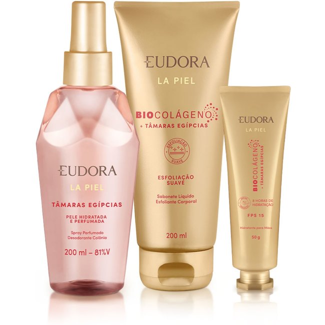 Combo La Piel Tâmaras Egípcias: Sabonete Líquido Esfoliante 200ml + Creme para Mãos 50g + Spray Perfumado 200ml