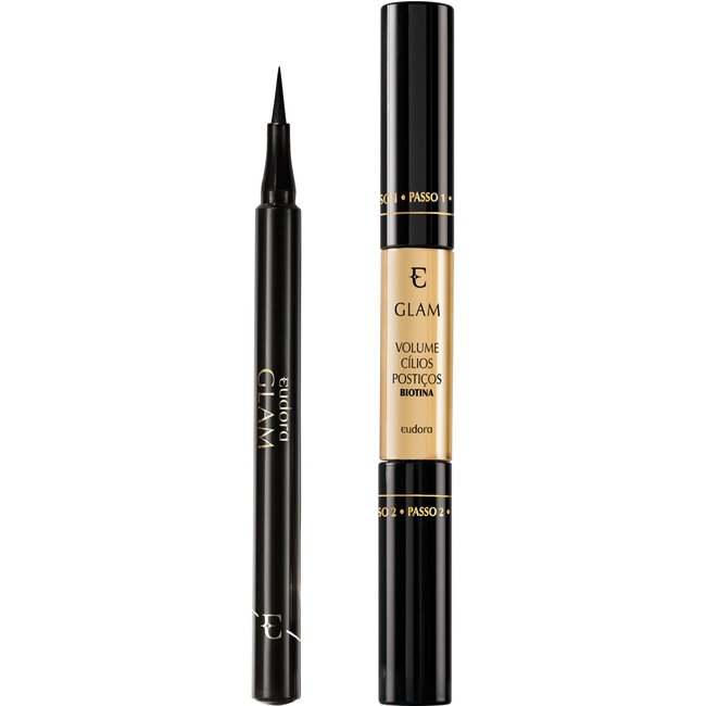 Kit Glam Caneta Delineadora + Máscara Volume Cílios Postiços Biotina
