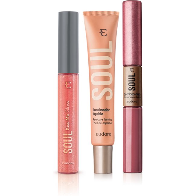 Kit Sombra Duo Rosa + Iluminador Líquido + Gloss Soul Kiss Me Rosa Holofote