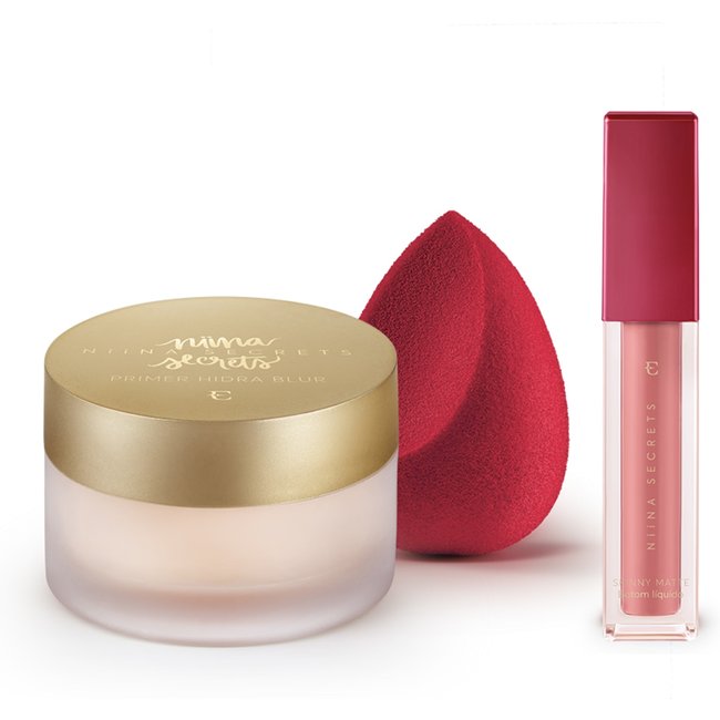 Kit Niina Secrets Batom Skinny Matte Rose Gardênia + Primer + Esponja
