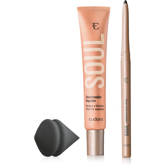 Kit Esponja Facial + Iluminador Líquido + Lapiseira Olhos Preto