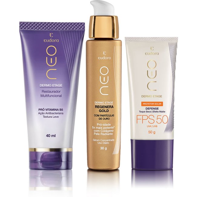 Kit Neo Dermo Etage Restaurador Multifuncional + Serum Facil Gold Total + Protetor Solar Facial Defense FPS 50