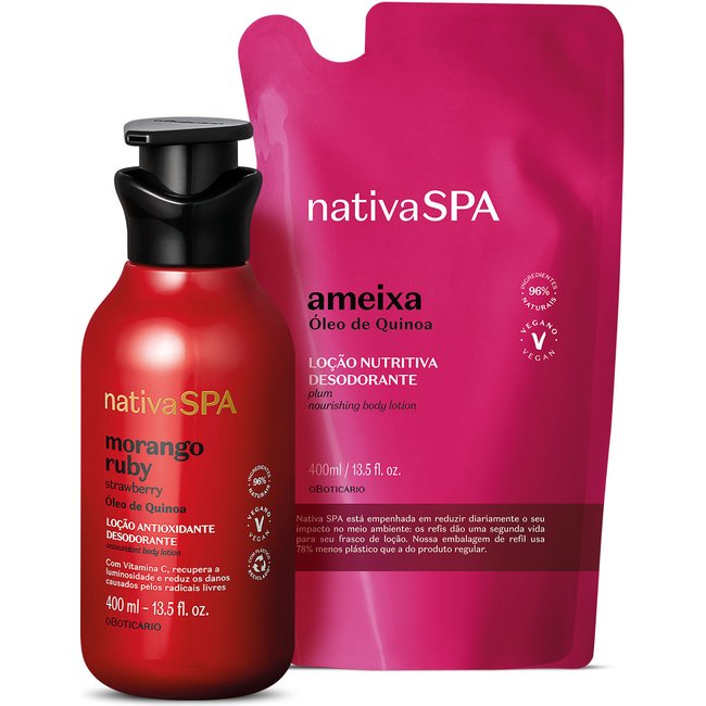 Combo Nativa SPA: Loção Antioxidante Corporal Morango Ruby 400ml + Refil Loção Hidratante Corporal Ameixa 400ml