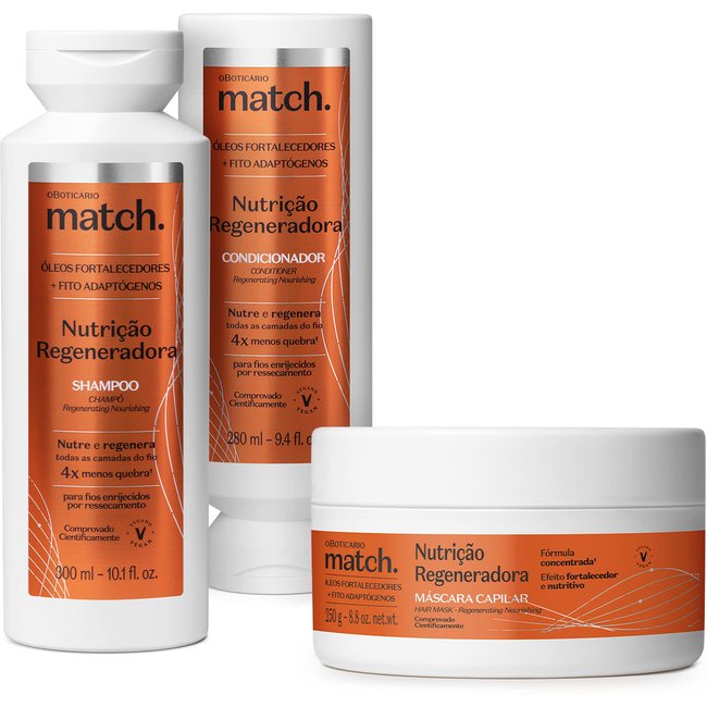 Combo Match Nutrição Regeneradora: Shampoo 300ml + Máscara Capilar 250g + Condicionador 280ml