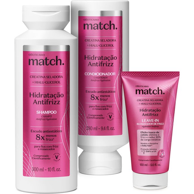 Combo Match Hidratação Antifrizz: Shampoo 300ml + Condicionador 280ml + Leave-In 150ml