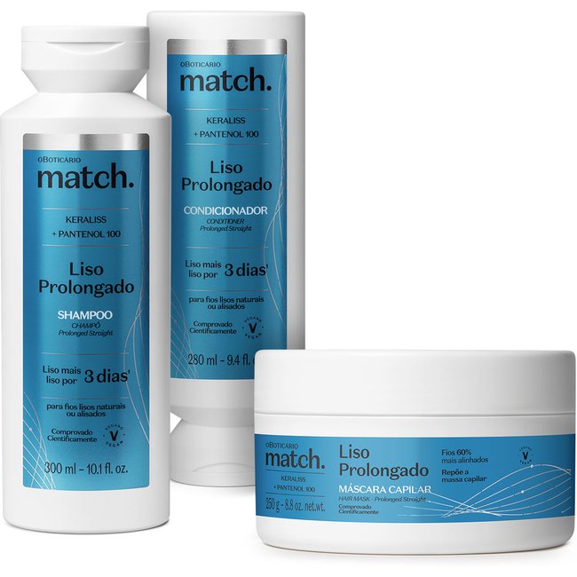 Combo Match Liso Prolongado: Shampoo 300ml + Máscara Capilar 250g + Condicionador 280ml