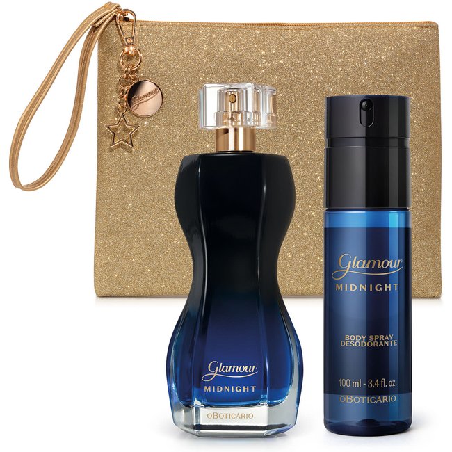 Combo Glamour Midnight: Desodorante Colônia 75ml + Body Spray 100ml + Nécessaire Dourada