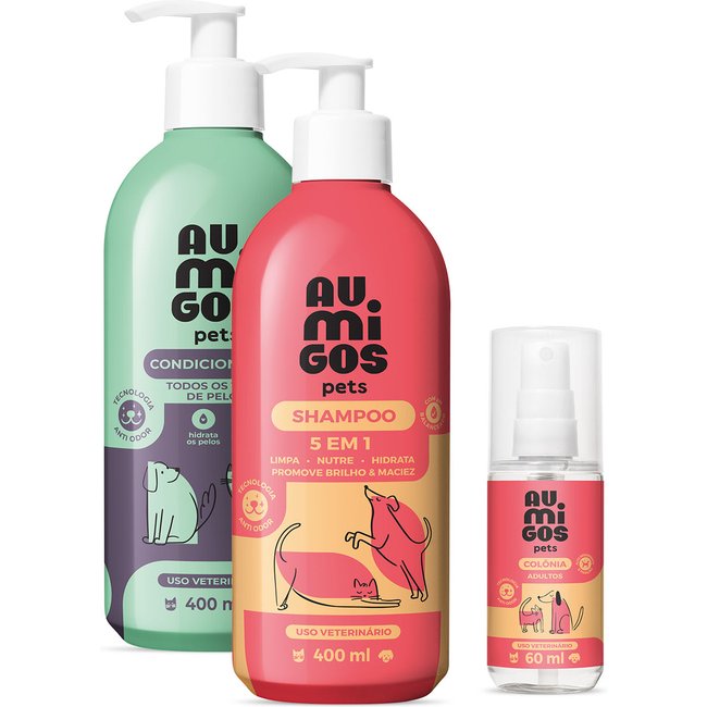 Combo Au.Migos Pets: Shampoo 5 em 1 400ml + Condicionador 400ml + Colônia 60ml